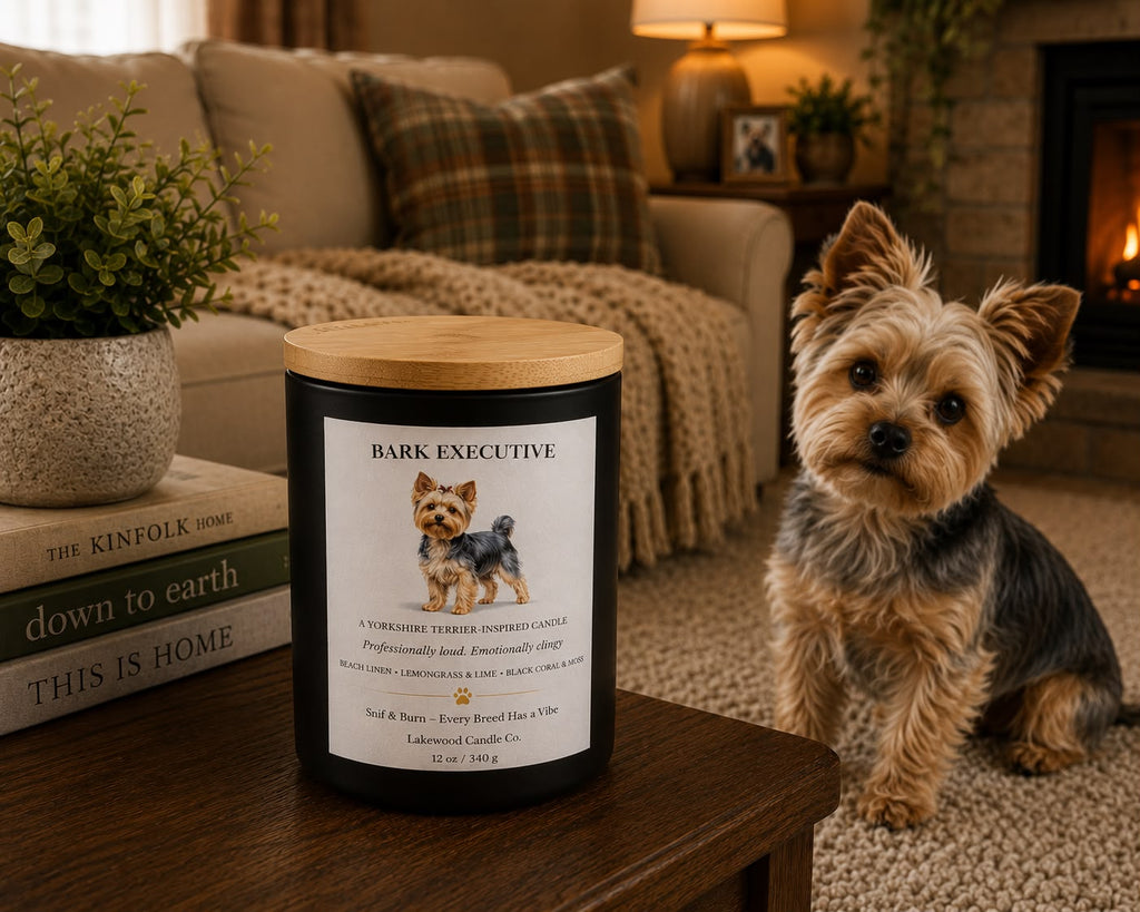 Bark Executive Yorkie inspired candle by Lakewood Candle Co.