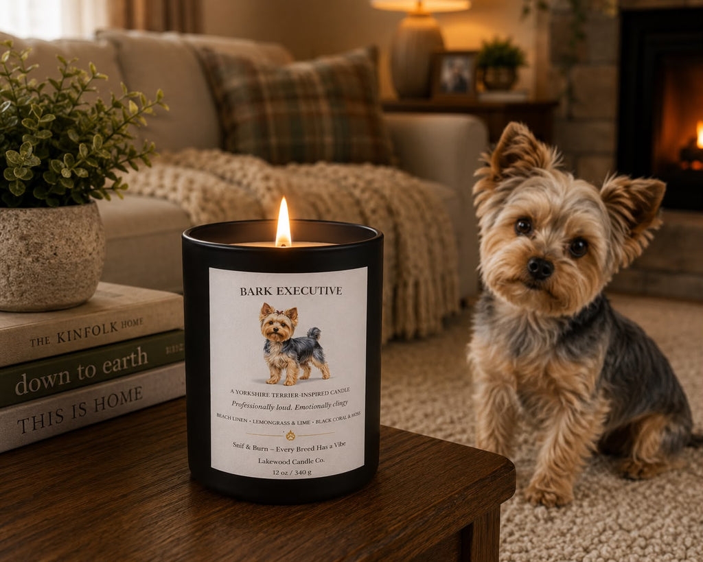Bark Executive Yorkie inspired candle from the Snif & Burn collection by Lakewood Candle Co.