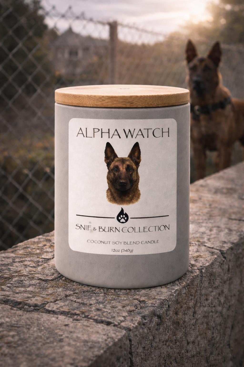 Alpha Watch – Belgian Malinois Inspired Candle with White Peach Blossom, Rose & Oud, Bergamot Element, and Smoked Oud | Coconut Sox Wax – 12oz