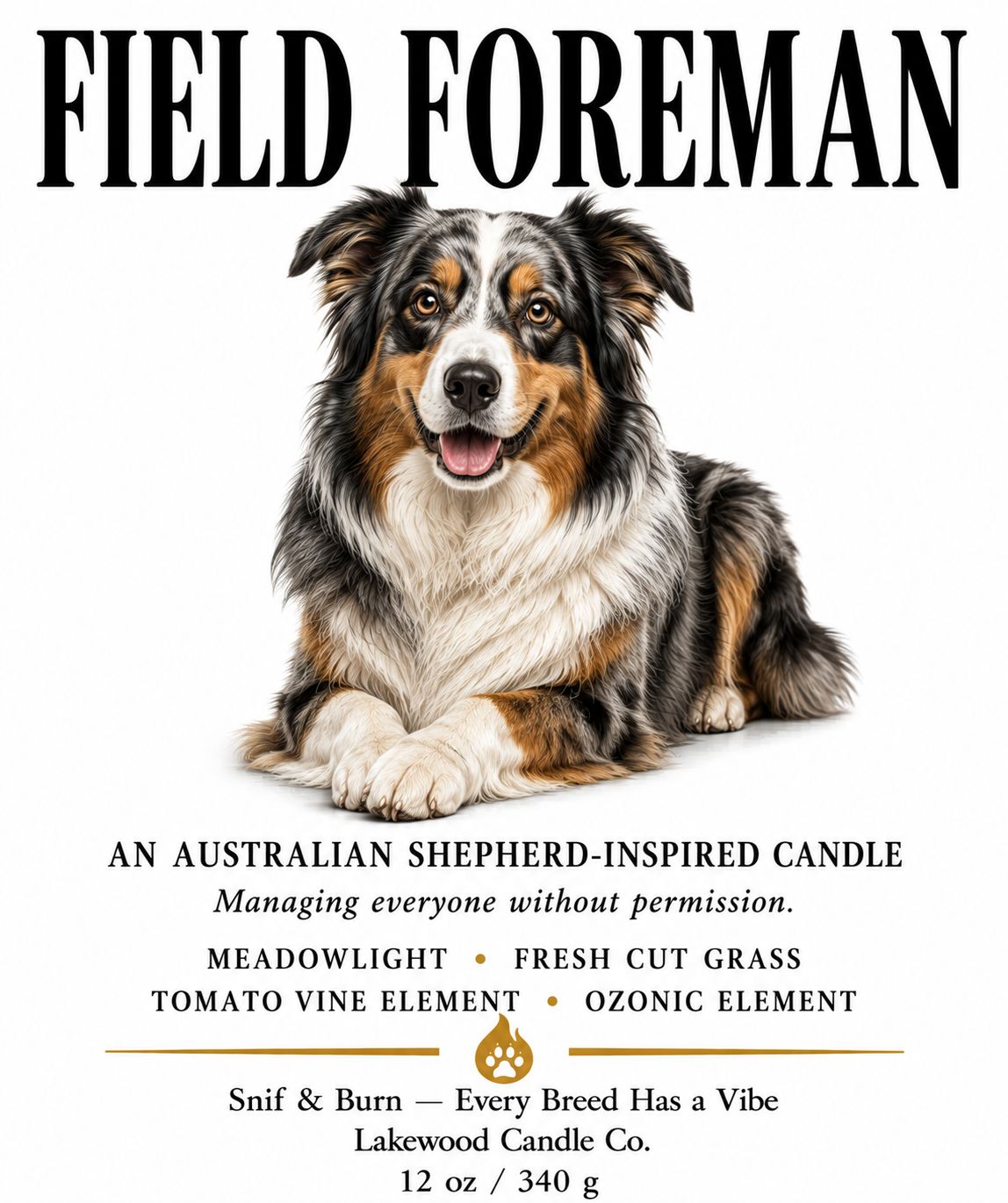 Field Foreman – Australian Shepherd Inspired Candle | Coconut Soy Wax – 12oz