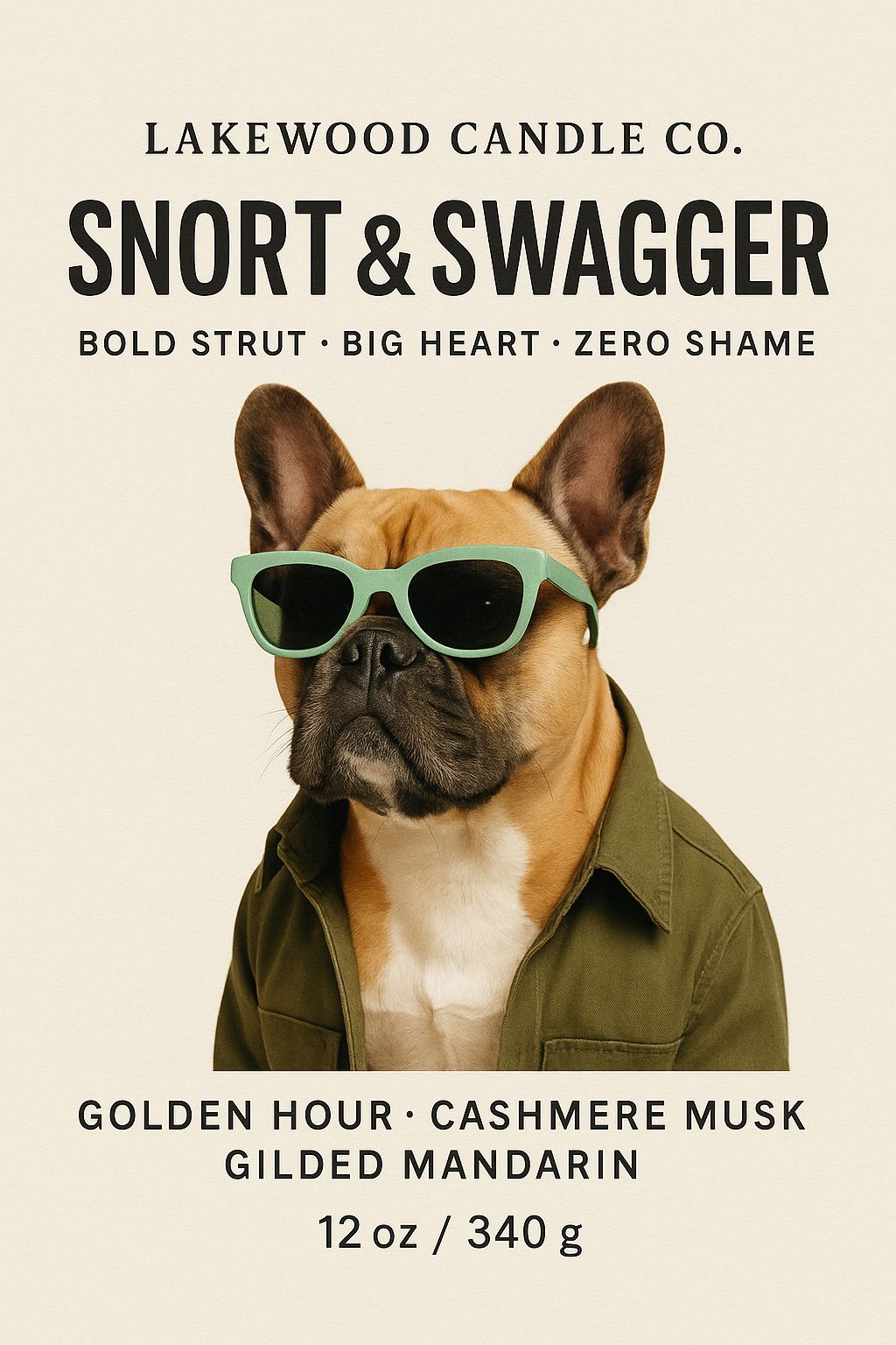 Snort & Swagger - French Bulldog Inspired Candle with Golden Hour, Cashmere Musk and Gilded Mandarin | Coconut Soy Wax – 12oz