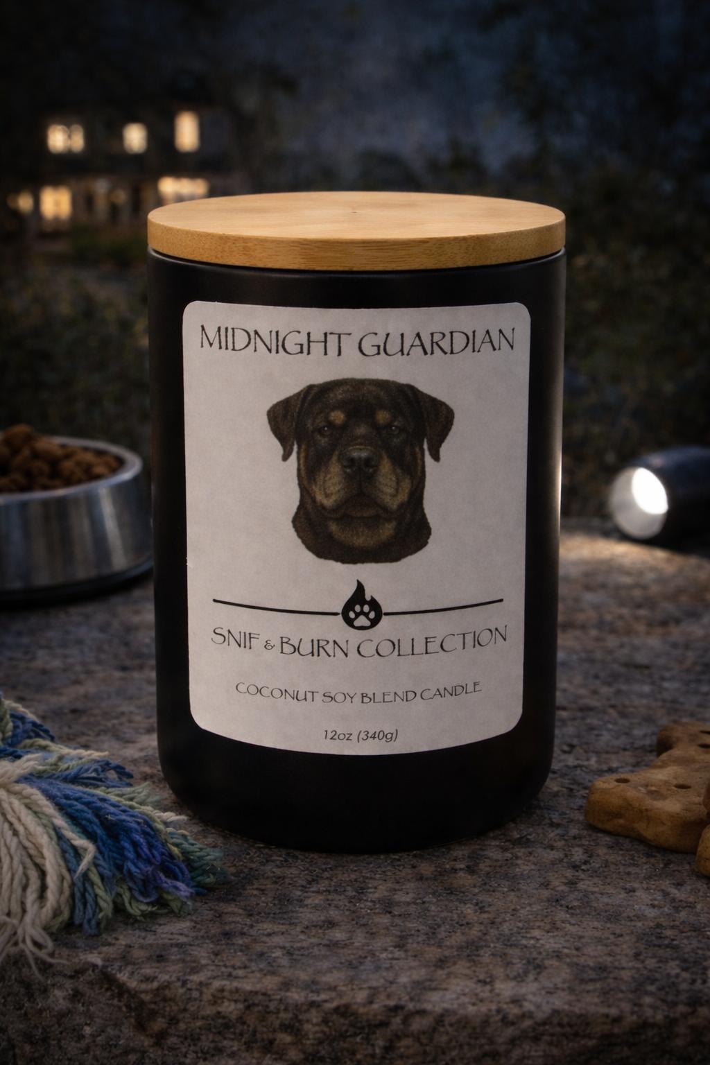 Midnight Guardian – Rottweiler Inspired Candle with Oakmoss & Amber, Smoked Oud, A Touch of Clove | Coconut Soy Wax - 12oz