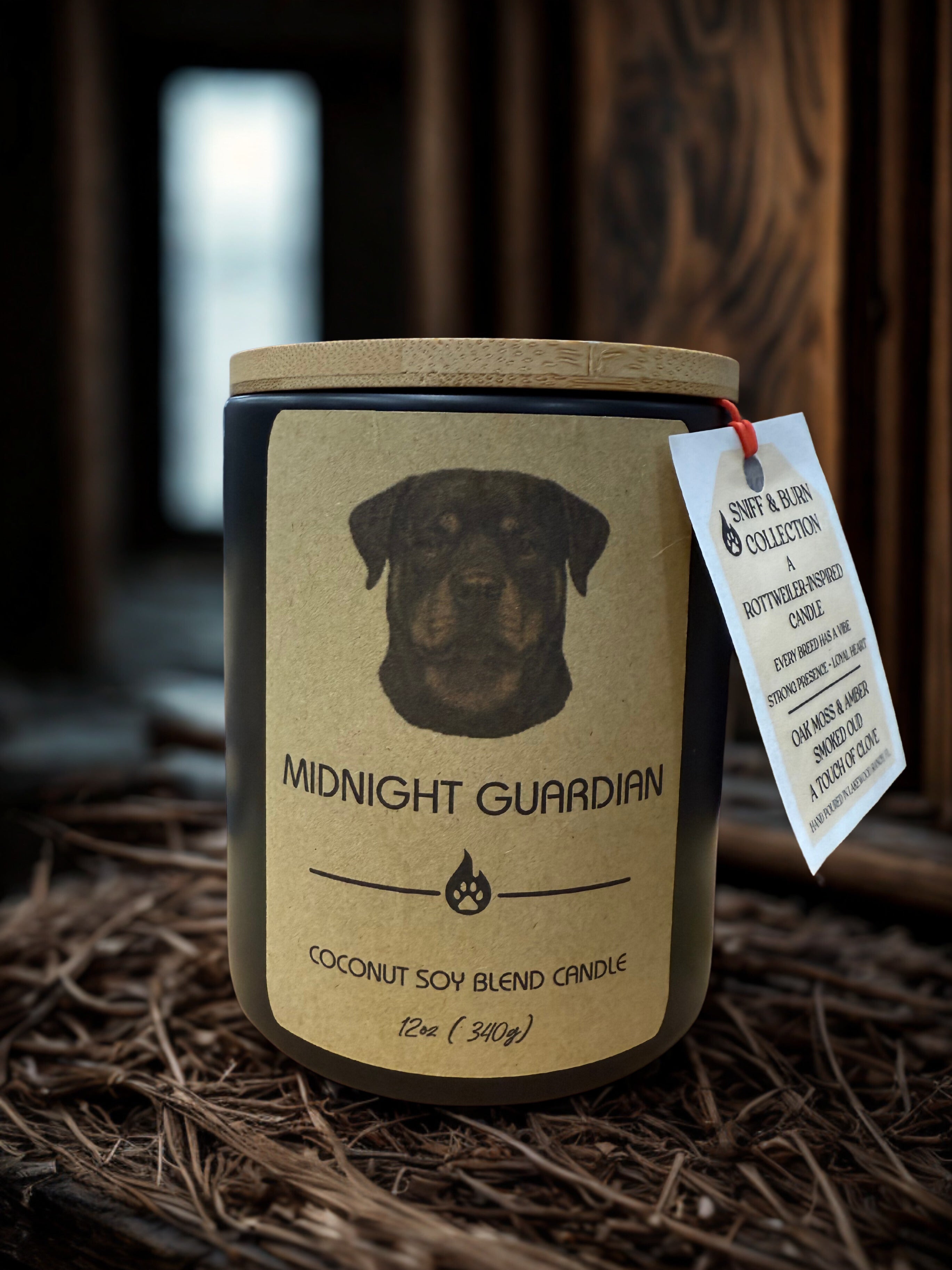 Midnight Guardian Candle – Rottweiler-Inspired | Oakmoss & Amber, Smoked Oud, Clove | 12oz Coconut Soy Wax