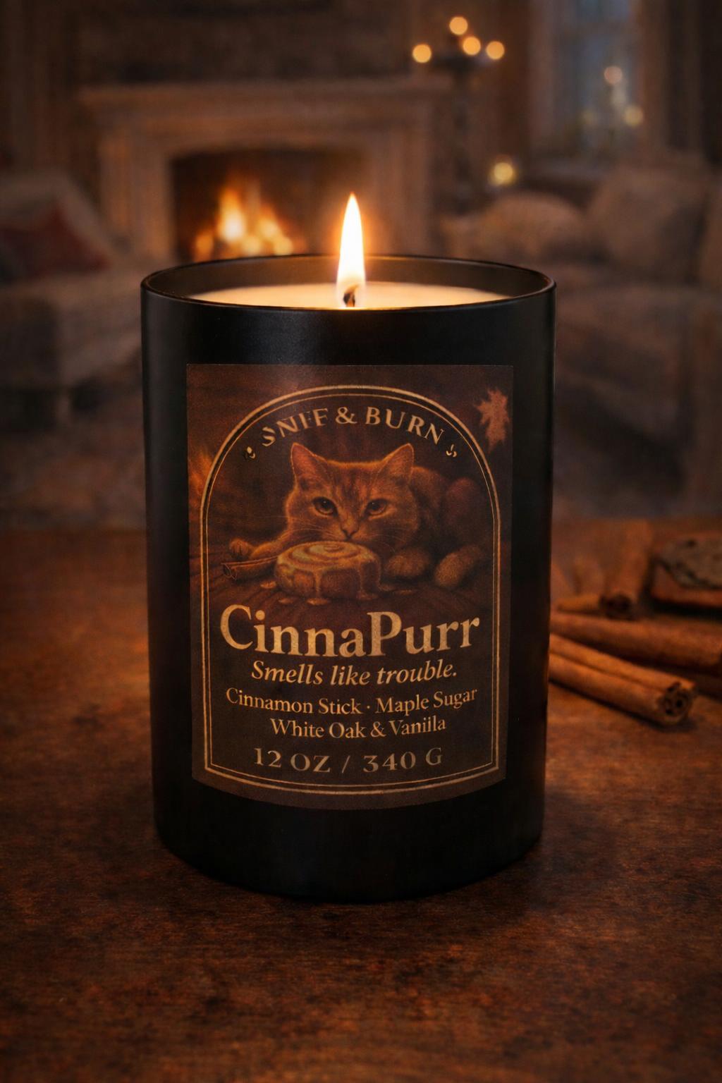 CinnaPurr - Cat Inspired Candle with Cinnamon Stick, Maple Sugar, White Oak & Vanilla | Coconut Sox Wax – 12oz