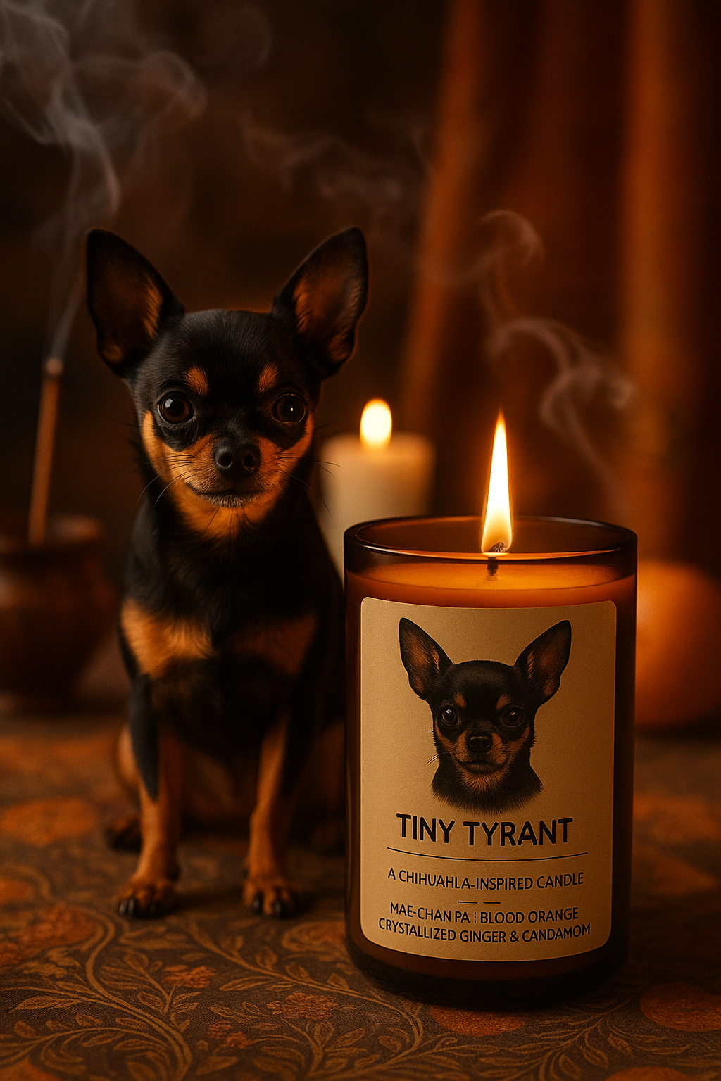 Tiny Tyrant – Chihuahua-Inspired Candle with Nag Champa, Blood Orange, Crystallized Ginger & Cardamom | Sniff & Burn Collection – 12oz