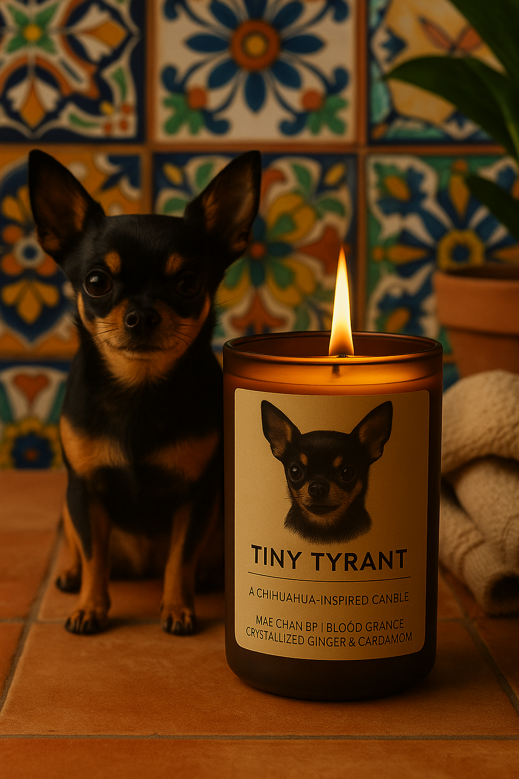 Tiny Tyrant – Chihuahua-Inspired Candle with Nag Champa, Blood Orange, Crystallized Ginger & Cardamom | Sniff & Burn Collection – 12oz