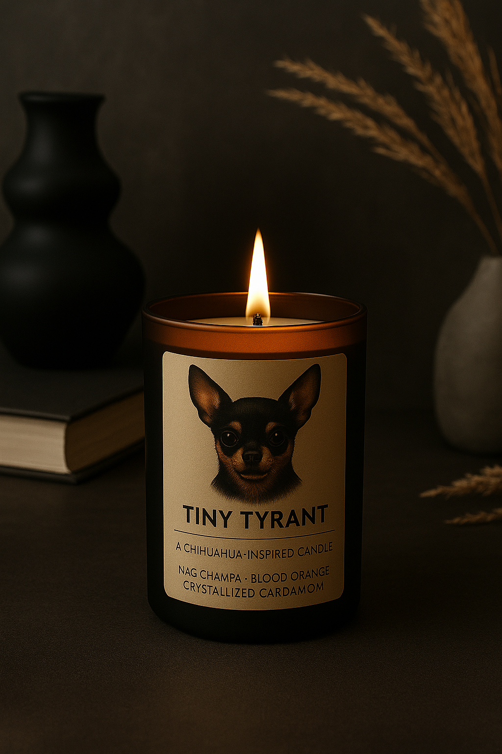 Tiny Tyrant – Chihuahua-Inspired Candle with Nag Champa, Blood Orange, Crystallized Ginger & Cardamom | Sniff & Burn Collection – 12oz