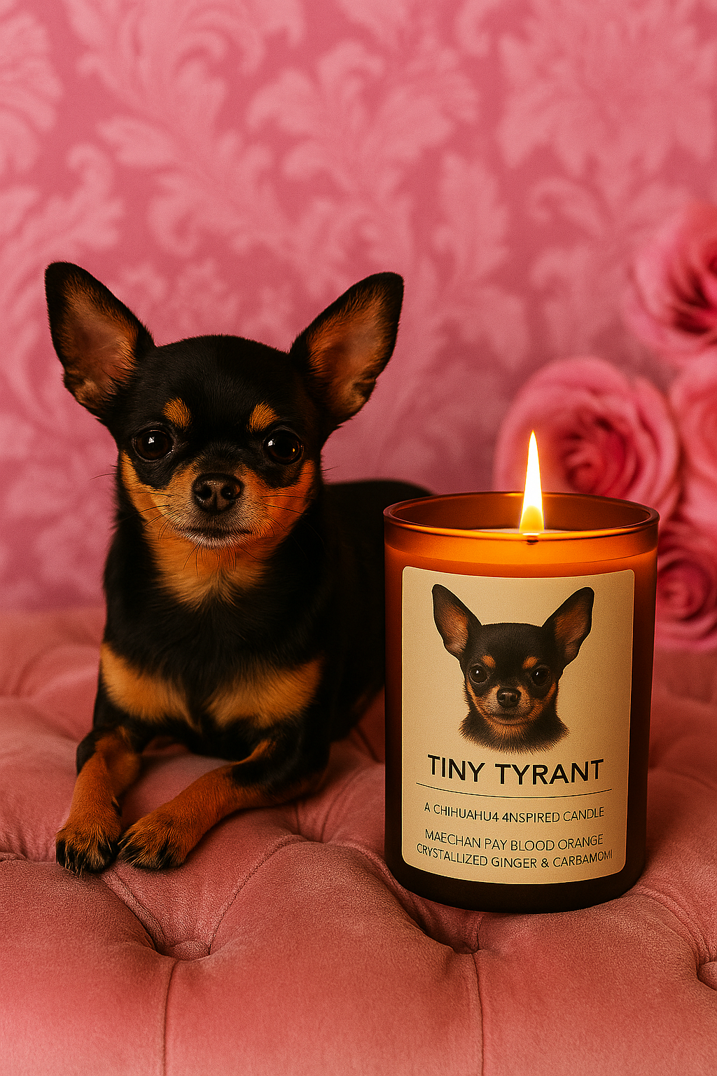 Tiny Tyrant – Chihuahua-Inspired Candle with Nag Champa, Blood Orange, Crystallized Ginger & Cardamom | Sniff & Burn Collection – 12oz