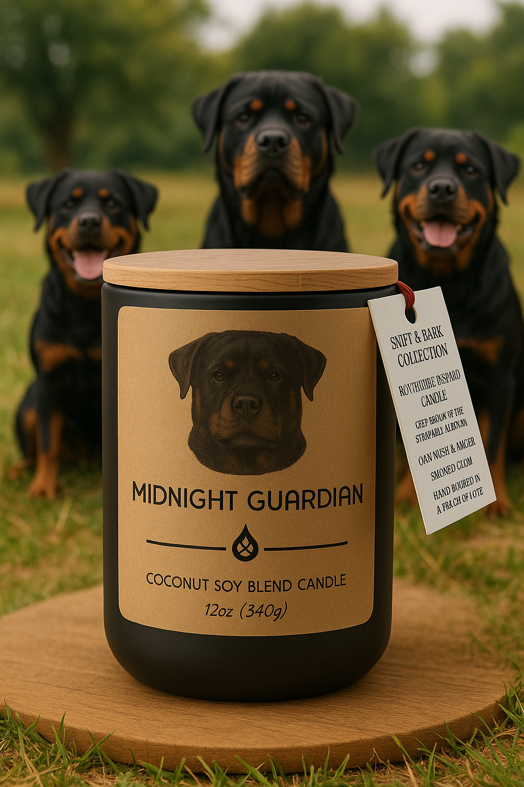 Midnight Guardian Candle – Rottweiler-Inspired | Oakmoss & Amber, Smoked Oud, Clove | 12oz Coconut Soy Wax