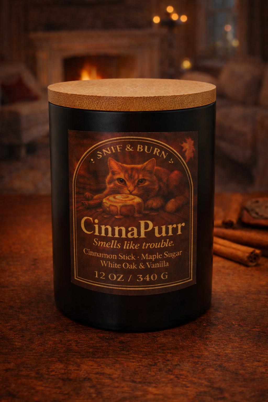 CinnaPurr - Cat Inspired Candle with Cinnamon Stick, Maple Sugar, White Oak & Vanilla | Coconut Sox Wax – 12oz