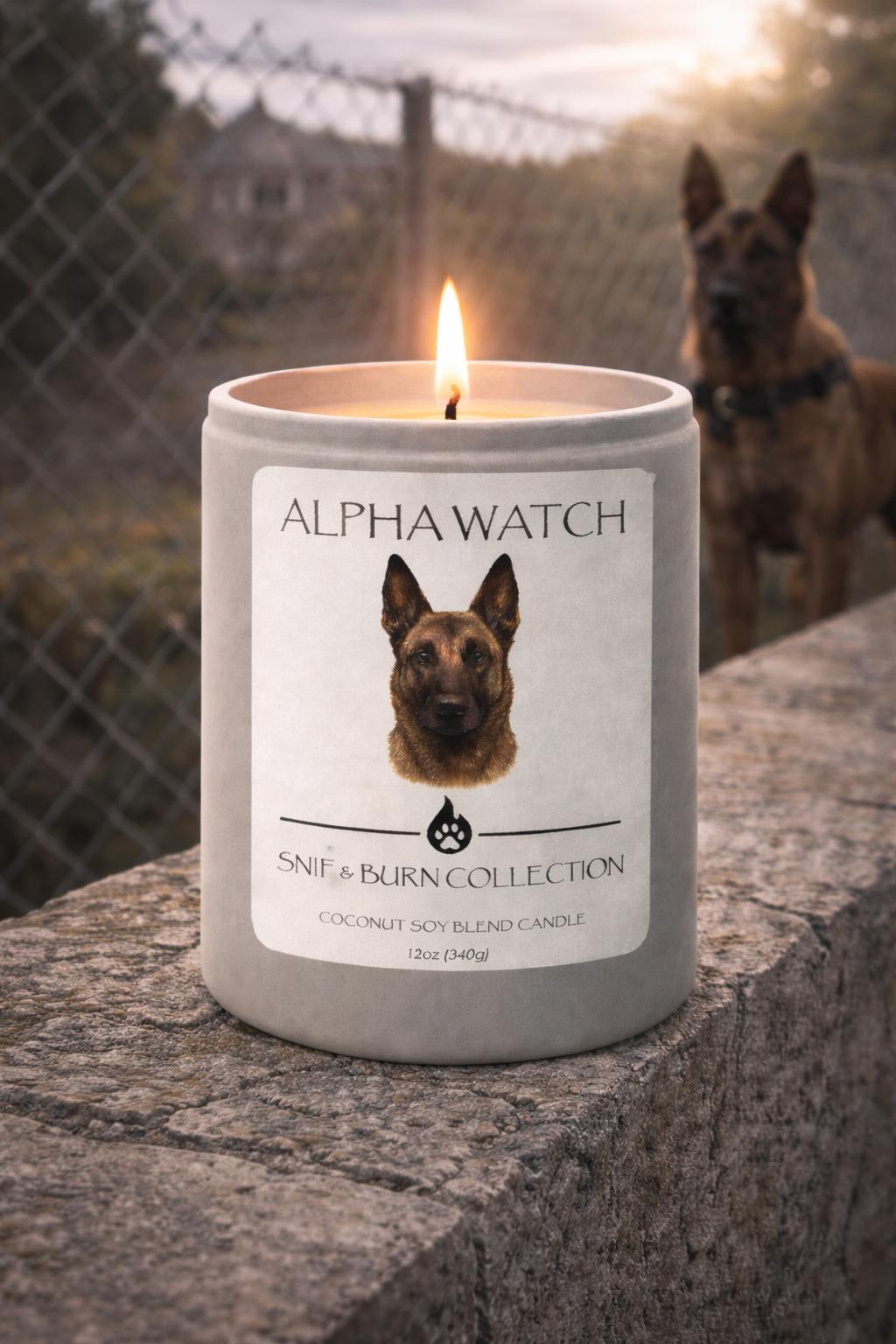 Alpha Watch – Belgian Malinois Inspired Candle with White Peach Blossom, Rose & Oud, Bergamot Element, and Smoked Oud | Coconut Sox Wax – 12oz