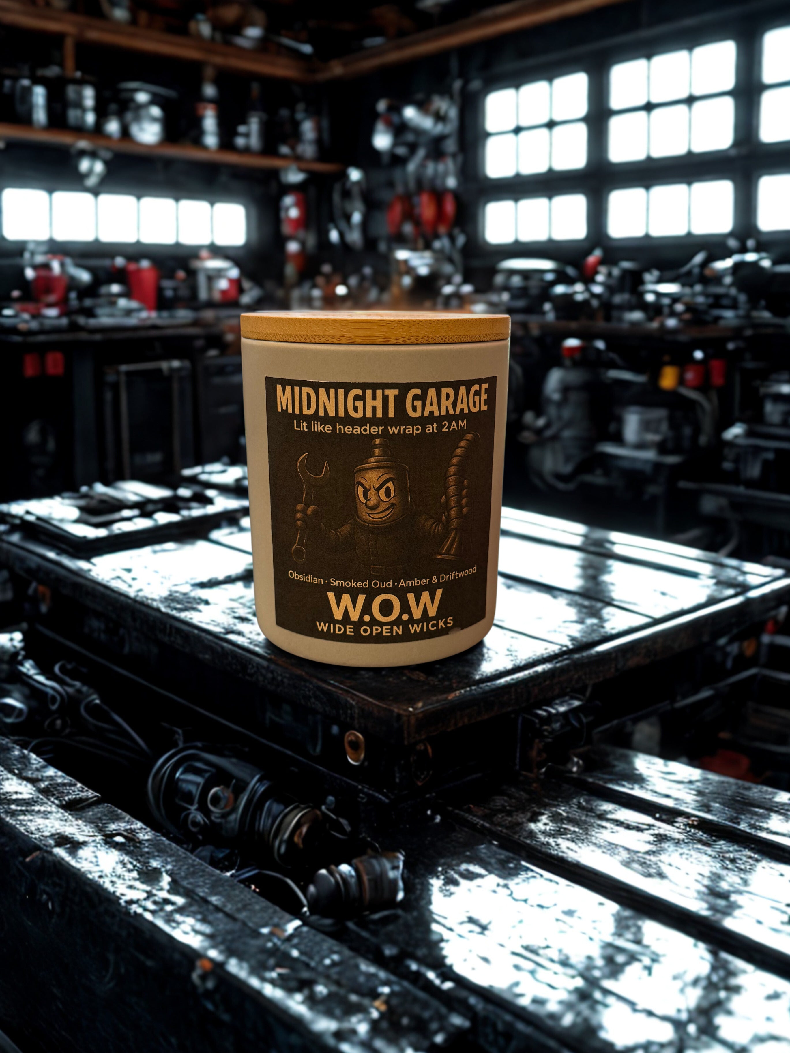 Midnight Garage – Obsidian, Smoked Oud & Amber Driftwood | Wide Open Wicks Candle by Lakewood Candle Co.
