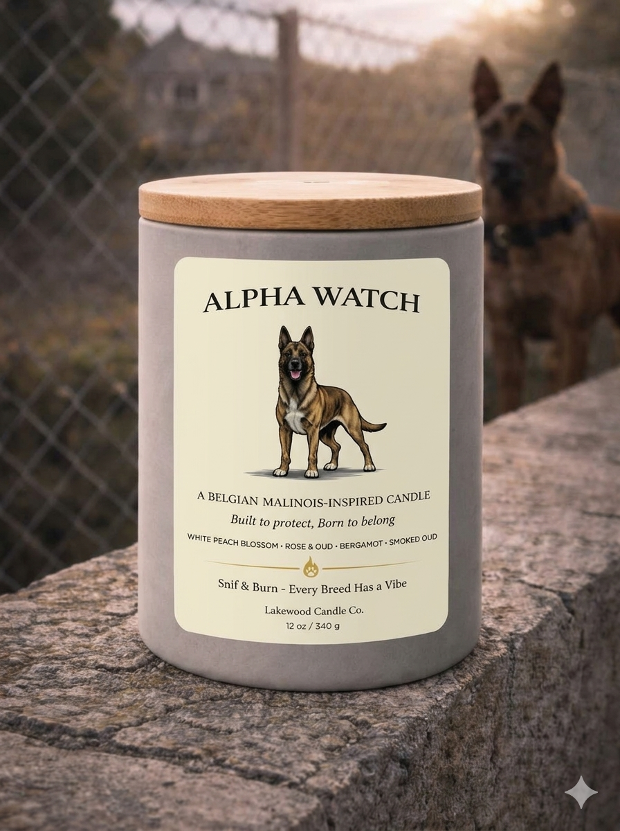 Alpha Watch – Belgian Malinois Inspired Candle | Coconut Soy Wax – 12oz