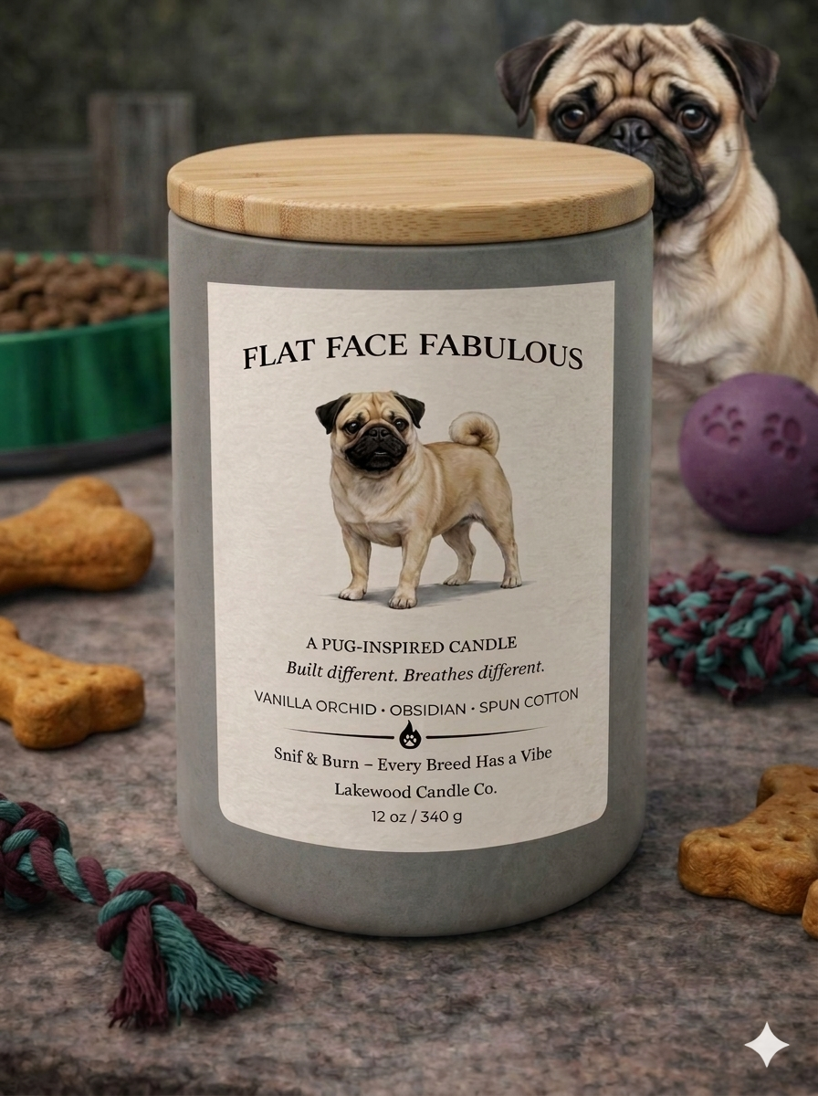 Flat Face Fabulous – Pug Inspired Candle | Coconut Sox Wax – 12oz