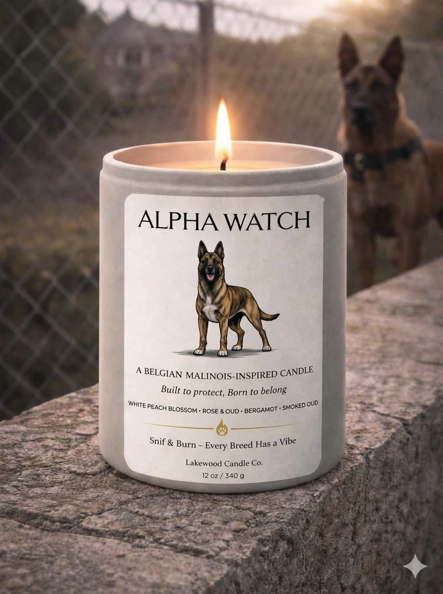 Alpha Watch – Belgian Malinois Inspired Candle | Coconut Soy Wax – 12oz