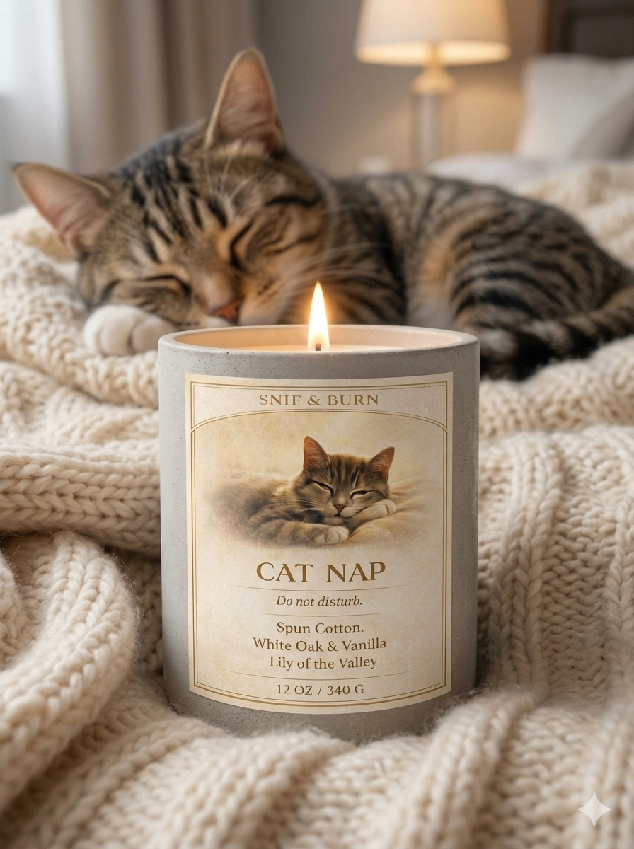 Cat Nap cat inspired candle from the Snif & Burn collection by Lakewood Candle Co.