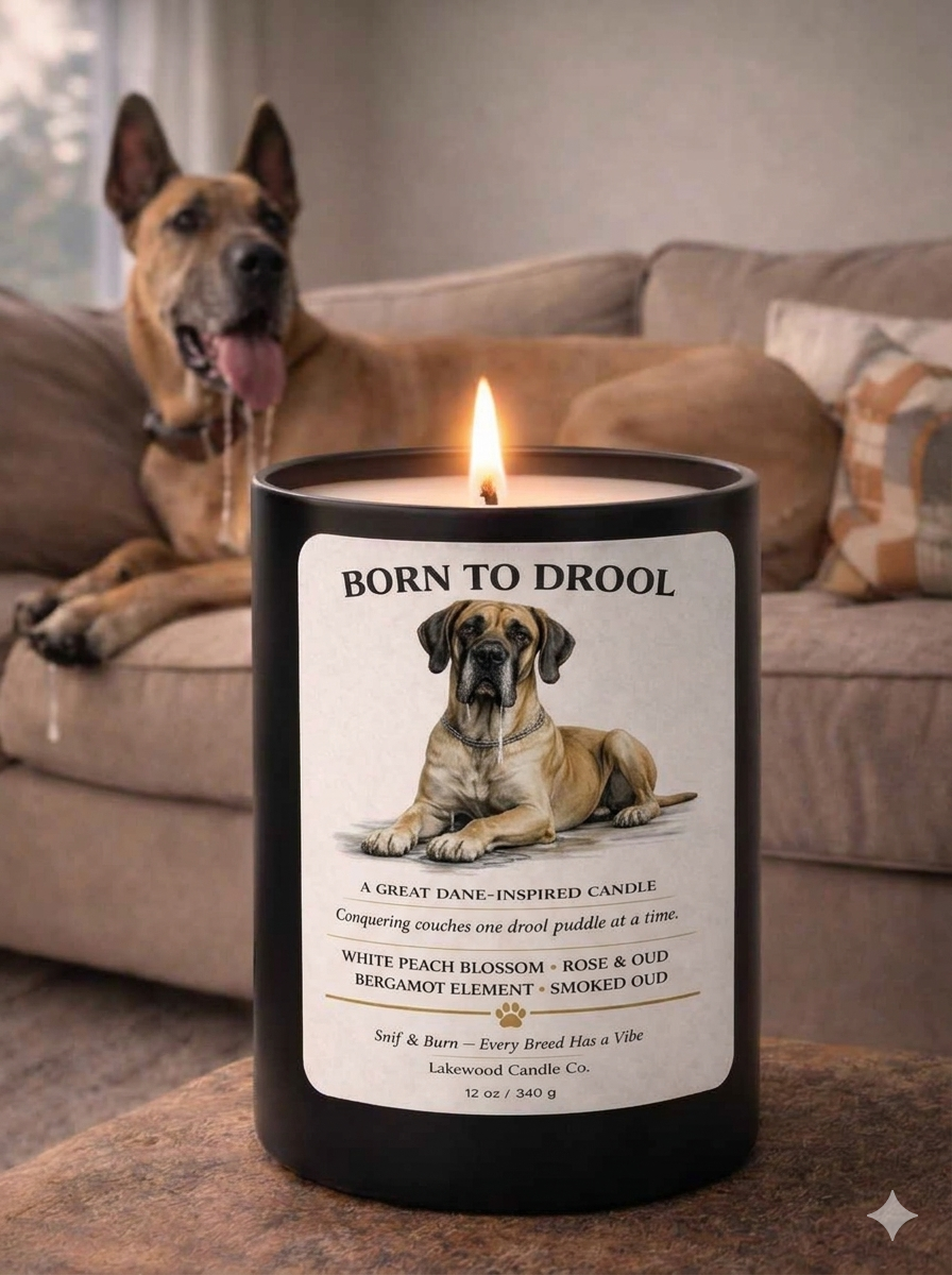 Born to Drool Great Dane inspired candle from the Snif & Burn collection by Lakewood Candle Co.