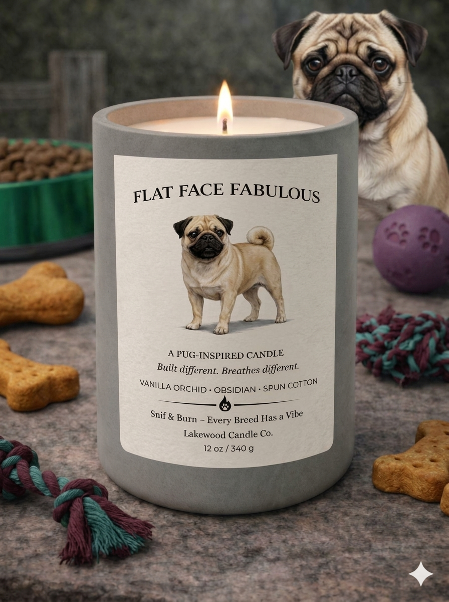 Flat Face Fabulous – Pug Inspired Candle | Coconut Sox Wax – 12oz